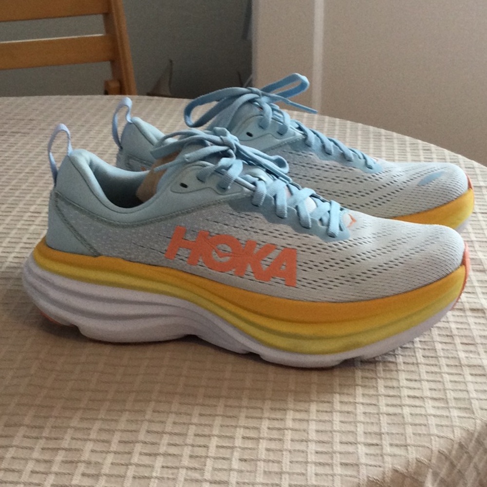 HOKA One One Bondi 8 Running Shoes.   7B.  Light blue and orange
